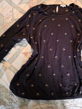 Fat Face Black 3/4 Sleeve Tee with Small Floral Embroidery